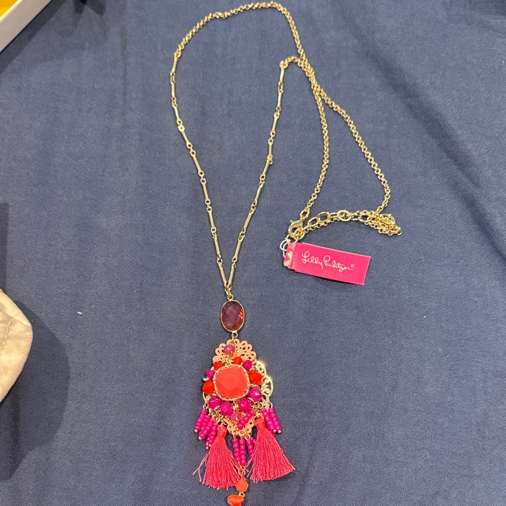 Lilly Pulitzer Gold-Tone Necklace with Pink and Coral Tassel Pendant